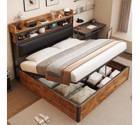 Cadre de Lit Double 180x200 avec Mécanisme Hydraulique, USB, Tête de Lit Rembourrée, Design Vintage Bois et Métal, Rangement Secret - Mobilier Chambre Moderne, sans Matelas Inclus
