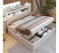 Cadre de Lit Double 180x200 avec Mécanisme Hydraulique, USB, Tête de Lit Rembourrée, Design Vintage Bois et Métal, Rangement Secret - Mobilier Chambre Moderne, sans Matelas Inclus