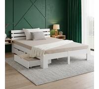 Cadre de Lit double en bois 160x200 2 tiroirs blanc Sommier à lattes Homestyle4u