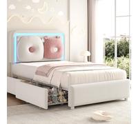 Cadre de lit double en boucle capitonné à DEL avec tiroir de rangement et tête de lit double arc réglable chic, lit à plateforme princesse pour enfants/filles, support en métal robuste, pas besoin de