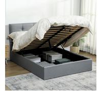 Cadre de lit double - HOMCOM - 140 x 190 cm - sommier à lattes en bois et rangement caché - tissu aspect lin et bois massif - gris