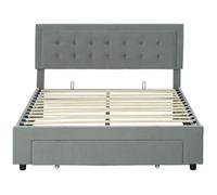 Lit double design industriel - tête de lit, pied de lit et sommier - dim. 145l x 203,5P x 95-104H cm - compatible matelas 140 x 200 cm - tissu 100% polyester, rembourrage mousse, bois d'eucalyptus, panneau multicouche Gris