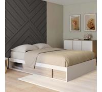 Cadre de lit double salem avec rangements et sommier 140 x 190 cm blanc et façon hêtre