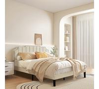Cadre de lit double VECELO, plateforme rembourrée avec tête de lit/matelas réglable touffeté avec support à lattes en bois, assemblage facile, beige, gris Caractéristiques[Tête de lit rembourrée en ve