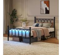 Cadre de lit en métal de 120 x 200 cm avec tête et plaque de pied vintage, station de charge USB, cadre de lit en acier robuste, portée de rangement sous le lit, pas de ressort de boîte nécessaire