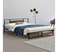 Cadre de Lit Double Villach en Métal 180 x 200 cm Noir Mat Effet Noyer [en.casa]