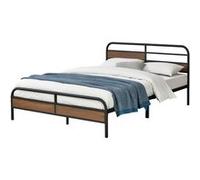 Cadre de Lit en Métal Robuste Construction Solide avec Lattes Métalliques Lit Double Design Stylé Capacité de Charge 300 kg Acier Laqué 140 x 200 cm Noir Mat Effet Noyer