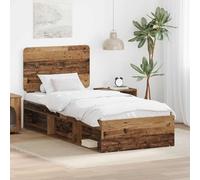 Cadre de Lit Finition Ancienne 90x200 cm, Tête de Lit en Pin Massif, Sommier Plateforme Robuste en Bois d'Ingénierie, Design Moderne, Montage Simple pour Chambre Individuelle