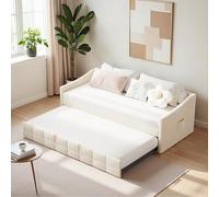 Cadre de lit gigogne 90 x 200 cm avec lit tiroir, structure de canapé-lit 2 places avec sommier à lattes, canapé convertible extensible pour adolescents adultes, velours, sans matelas (Beige 3)