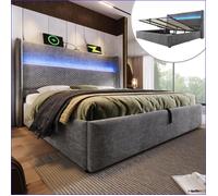 Cadre de Lit - Hydraulique avec Grand Tête de Lit LED &amp Rangement - 160x200cm - Gris