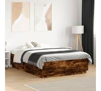 Cadre de lit LED Moderne 140x190, chêne fumé avec éclairage RGB réglable, sommier à Lattes en contreplaqué pour Chambre Adulte et Chambre d'amis, Design Contemporain et Durable