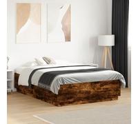 Cadre de lit LED RGB Moderne 135x190 cm chêne fumé avec éclairage ambiant, sommier à Lattes en contreplaqué pour Chambre à Coucher et Chambre d'ami, Design Contemporain et Durable