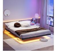 Cadre de lit métallique noir 140 x 190 x 23 cm lit flottant LED station de charge sommier à lattes
