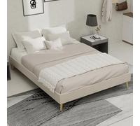 Cadre de Lit Minimaliste, 140x200 cm, Tissu Velours Beige, Base Basse, Mobilier de Chambre Moderne, Exclut Mécanisme à Gaz, Tête de Lit et Matelas