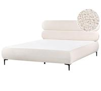 Cadre de Lit Minimaliste Sommier à Lattes avec Pieds Noirs 180 x 200 cm Tête de Lit Rembourrée en Bouclé Blanc Cassé Lessay