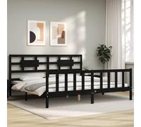 Cadre de Lit Noir 200x200 cm en Bois de Pin Massif, Sommier à Lattes Robuste, Tête et Pied de Lit Fonctionnels pour Chambre à Coucher Moderne