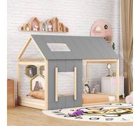 Cadre de Lit pour Enfants et Adolescents en Forme de Maison 90 x 200 cm - Avec Toit, Fenêtre et Lattes (Matelas Non Inclus) (Natural)