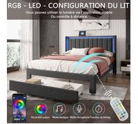 Cadre de lit rembourré - AMBIANCE - 140x200cm - avec LED RGB ajustable - Tiroir à roulettes pratique - avec Ports USB/Type-C