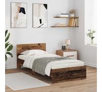 Cadre de Lit Simple 90x200 cm en Bois d'Ingénierie, Couleur Bois Ancien, avec Tête de Lit et Lumières LED Dynamiques, Stable et Durable pour Chambre Moderne