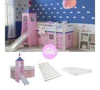 Cadre de Lit superposé 90x200 Matelas Tour Toboggan Mezzanine Rose Homestyle4u