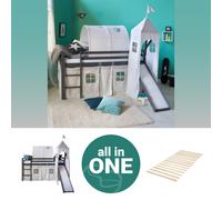 Cadre de lit superposé enfant 90x200 bois gris toboggan lattes tour Homestyle4u