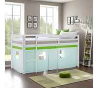 Cadre de Lit superposé Enfant 90x200 Matelas Bois Massif Rideau Vert Homestyle4u
