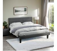 Cadre de lit tapissier, Lit double, Tête de lit réglable sur 3 niveaux, 140x200cm, Simili lin, Bois d'hévéa, Sans matelas, Grisfoncé