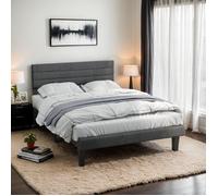 Cadre de lit tapissier, Lit simple, Tête de lit réglable sur 3 niveaux, 90x200cm, Simili lin, Bois d'hévéa, Sans matelas, Grisfoncé