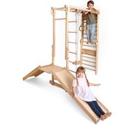 Cadre d'escalade d'intérieur en bois 9 en 1 pour enfants - Inspiré du Montessori - Avec barreaux, barres de traction, anneaux, balançoire, échelle de corde, planche à grimper, toboggan et plateforme