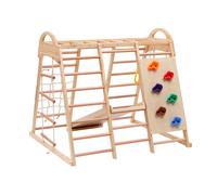 Cadre d'escalade multifonctionnel 7 en 1, échelle de corde, toboggan, filet, prises d'escalade, anneaux, maison-tente, 134×120×120 cm, Naturel