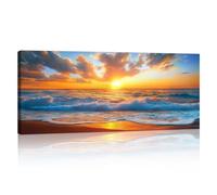 Cadre en Bois Grande Impression sur Toile Bleu Coucher de soleil Paysage Marin Image sur Toile Orange Plage Côte Paysage Peintures sur Toile Moderne Mural Tableau Decor Murale Salon Chambre 50x120cm