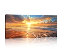 Cadre en Bois Grande Impression sur Toile Orange Coucher de soleil Paysage marin Image sur Toile Côte Plage Paysage Peintures sur Toile Moderne Mural Tableau Decor Murale Salon Chambre 50x120cm