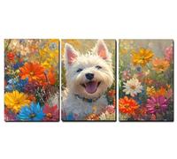 Cadre en Bois Impression sur Toile 3 Pièces Chien Tableau Decoration Murale Fleur Tableau Decoration Murale Salon Chambre Coucher Couloir Moderne Intérieur Decor de La Maison 30x40cmx3pcs,-f20b