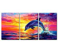 Cadre en Bois Impression sur Toile 3 Pièces Coucher de soleil Tableau Decoration Murale Dauphin Tableau Decoration Murale Salon Chambre Coucher Couloir Intérieur Decor de La Maison 35x50cm,-f34b