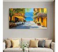 Cadre en Bois Impression sur Toile Architecture Jaune Tableau Affiche Decoration Murale Image sur Toile Ville côtière Tableau Decoration Murale Salon Chambre à coucher Couloir 90L x 60W cm