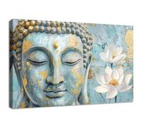 Cadre en Bois Impression sur Toile Bouddha Bleu Tableau Affiche Decoration Murale Fleurs de Lotus Blanches Image sur Toile Méditation Spirituelle Zen Tableau Decoration Murale Salon Chambre 40x60cm
