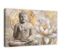 Cadre en Bois Impression sur Toile Bouddha Gris et Or Affiche Decoration Murale Fleurs de Lotus Beiges Image sur Toile Spirituelle Zen Tableau Decoration Murale Salon Salle de Méditation 30x40cm