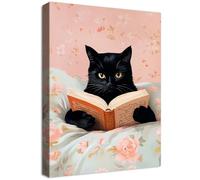 Cadre en Bois Impression sur Toile Drôle de chat noir Lire des livres Tableau Image sur Toile Affiche Decoration Murale d'animaux Rose Tableau Decoration Murale Salle de Bains Chambre de Fille 40x60cm