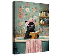 Cadre en Bois Impression sur Toile Drôle de Chat Noir Tableau Image Affiche Decoration Murale Chat Noir Mignon se Baignant Tableau Decoration Murale Salle de Bains Toilette WC Chambre d'enfant 30x40cm