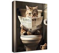 Cadre en Bois Impression sur Toile Drôle de Chat Tableau Image sur Toile Affiche Decoration Murale Chaton Lire le Journal sur Les Toilettes Tableau Decoration Murale Salle de Bains Toilette 40x60cm