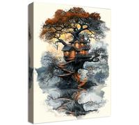 Cadre en Bois Impression sur Toile Forêt Mystique Maison de l'arbre Tableau Image sur Toile Affiche Decoration Murale Darkness Vintage Tableau Decoration Murale Salon Couloir Bar Shop 40x60cm