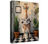 Cadre en Bois Impression sur Toile Girafe Tableau Affiche Decoration Murale Image sur Toile Girafe Amusante Lisant le Journal sur les Toilettes Tableau Decoration Murale Salle de bain WC 30x40cm
