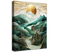 Cadre en Bois Impression sur Toile Lever de soleil à Tokyo Tableau Image sur Toile Rivières et arbres des Montagnes Vertes Tableau Decoration Murale Chambre Coucher Salle de Bains Couloir 30x40cm