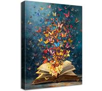 Cadre en Bois Impression sur Toile Livre Papillon Coloré Fleur Tableau Affiche Decoration Murale Image sur Toile Bibliothèque Esthétique Tableau Decoration Murale Salon Salle de Lecture 40x60cm