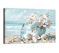 Cadre en Bois Impression sur Toile Océan Bleu Paysage Côtier Tableau Image sur Toile Affiche Fleur de Lys Hortensia Dans un Vase Tableau Decoration Murale Salon Chambre Coucher Salle de Bains 30x40cm