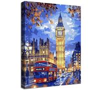 Cadre en Bois Impression sur Toile Quatre Ville de Londres Big Ben Tableau Image sur Toile Affiche Vue d'un Bus Rouge Tableau Decoration Murale Chambre Coucher Salle de Bains Couloir 30x40cm