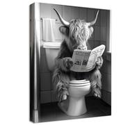 Cadre en Bois Impression sur Toile Salle de Bain Bovins Tableau Affiche Decoration Murale Image sur Toile Vache des Highlands lisant le Journal dans les Toilettes Tableau Decoration Murale WC 40x60cm