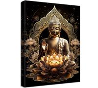 Cadre en Bois Impression sur Toile Statue de Bouddha en Bronze Tableau Image sur Toile Affiche Fleurs de Lotus Bouddhisme Prière Tableau Decoration Murale Salon Chambre Coucher Salle de Bains 40x60cm