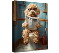 Cadre en Bois Impression sur Toile Tableau Caniche sur Les Toilettes Lisant le Journal Image sur Toile Animal Humoristique Tableau Decoration Murale Salon Chambre Coucher Salle de Bain Couloir 30x40cm