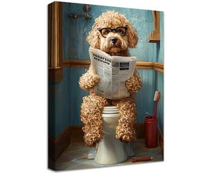 Cadre en Bois Impression sur Toile Tableau Caniche sur Les Toilettes Lisant le Journal Image sur Toile Animal Humoristique Tableau Decoration Murale Salon Chambre Coucher Salle de Bain Couloir 30x40cm